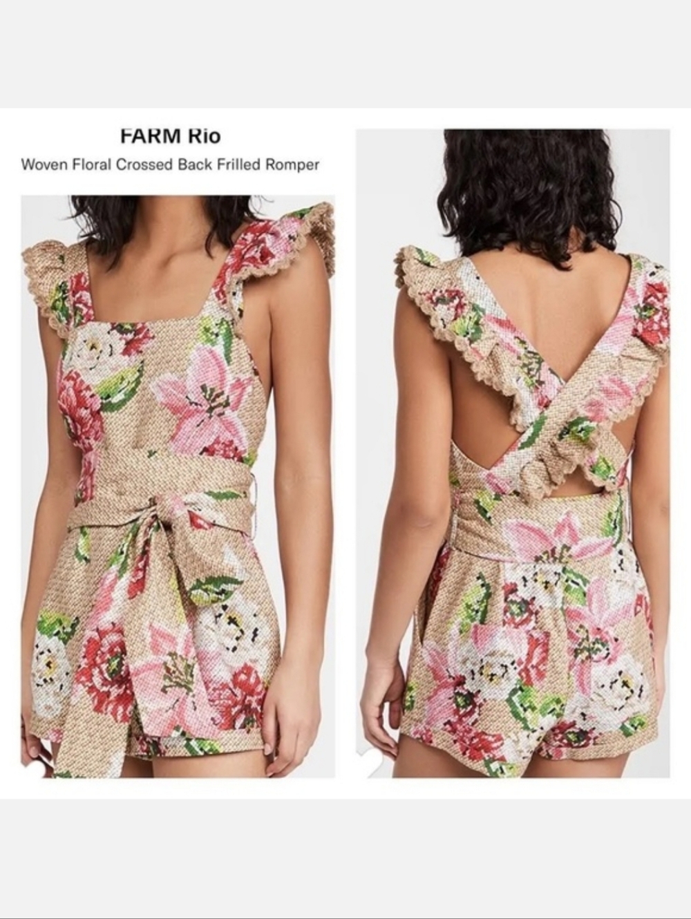NWT Farm Rio Romper Woven Floral Crossed Back Frilled 100% Linen Multi Boho MD - Picture 3 of 16